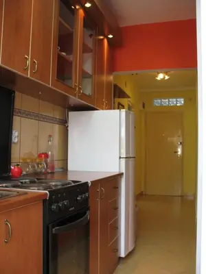 a kitchen with a stove and a white refrigerator at Garden in Belgrade