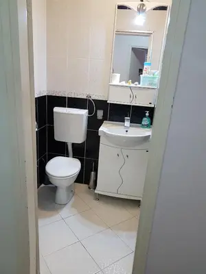 a bathroom with a toilet and a sink and a mirror at Apartment Centar Deluxe in Smederevo