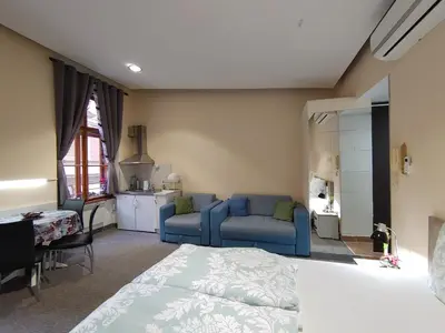 a bedroom with a bed and a couch and a table at Apartment Danijela-City Centar in Belgrade