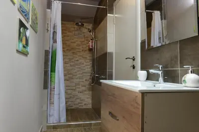 a bathroom with a sink and a shower at Apartman Rustik in Belgrade