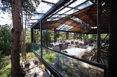 an outside view of a restaurant with a tree at Hotel Borkovac in Ruma