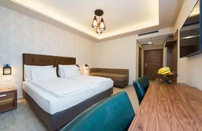 a hotel room with a bed and a table at Hotel Borkovac in Ruma