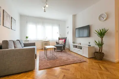 a living room with a couch and a tv at Belgrade Center Apartment II in Belgrade