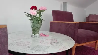 a vase of flowers on a table with two chairs at Apartment Dixy in Belgrade