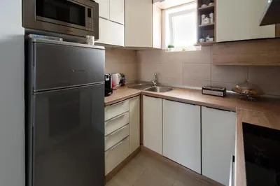a kitchen with a stainless steel refrigerator and a sink at Central Park Lux in Arandjelovac