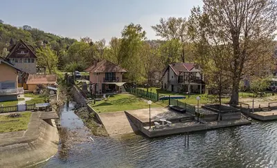 a dog is sitting on a dock in the water at Dunavska Kuća in Smederevo