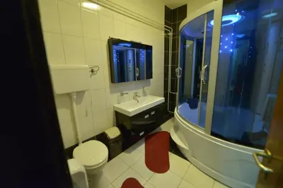 a bathroom with a toilet and a sink and a shower at Guesthouse Duga in Belgrade