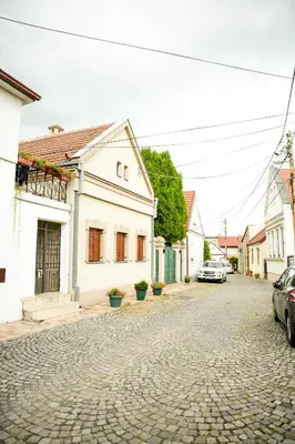 a cobblestone street in a town with white buildings at Gardos in Belgrade