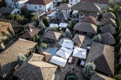 an aerial view of a house with roofs at Srpsko Andrejevo Selo in Belgrade