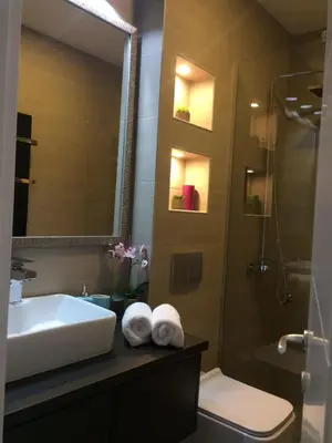 a bathroom with a sink and a shower at H&M Lux appartment downtown NEW in Belgrade
