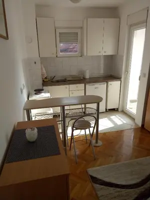 a kitchen with a table and chairs in a room at Cozy studio Belgrade (Zemun) in Belgrade