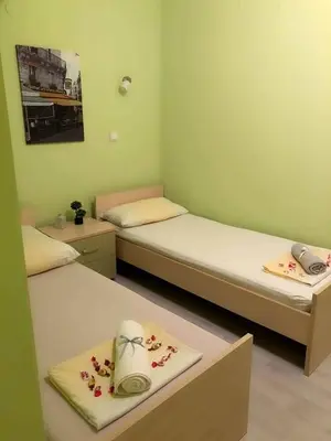 two beds in a small room with flowers on them at MARE Apartmant in Belgrade