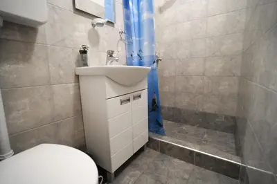 a bathroom with a toilet and a sink and a shower at Apartman Rale in Belgrade