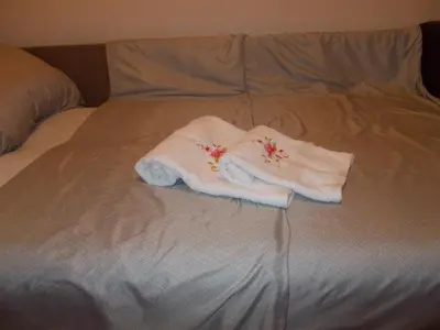 a bed with two towels on top of it at MaryAnne in Ledine