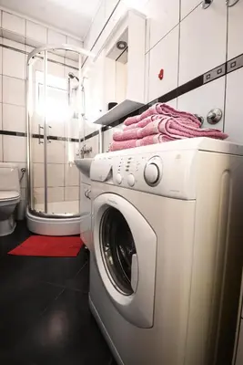 a washer and dryer with pink towels on top of it at Apartment Petra 071 in Belgrade
