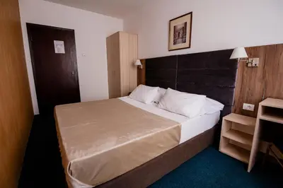 a bedroom with a large bed with a wooden headboard at Hotel Slavija in Belgrade