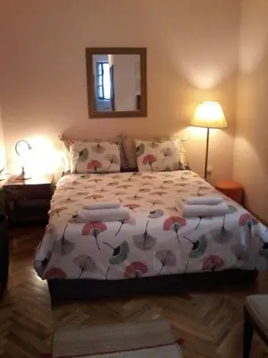 a bedroom with a bed and a mirror in it at Studio Hram 2 in Belgrade