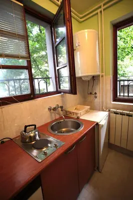 a small kitchen with a sink and two windows at Studio Hram 2 in Belgrade