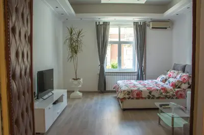 a bedroom with a bed and a tv and a window at Apartment Petra 072 in Belgrade