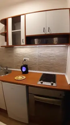 a kitchen counter with a stove and a sink at Azzurro Studio Apartment in Belgrade