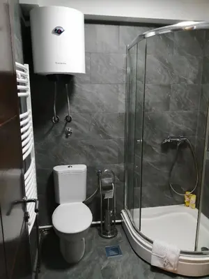 a small bathroom with a toilet and a shower at Bellmatini in Belgrade
