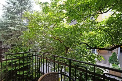 a chair sitting on a balcony next to a tree at Apartment Paradise Sunny Home in Belgrade