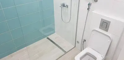 a bathroom with a shower and a toilet at Asya Blue Apartment in Belgrade
