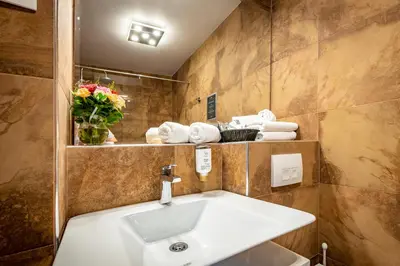 a bathroom with a sink and towels on a shelf at Amsterdam Hotel in Belgrade