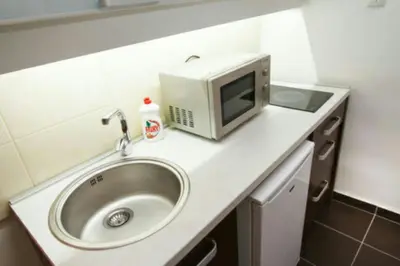a sink and a microwave on a counter in a bathroom at Central Apartments in Belgrade