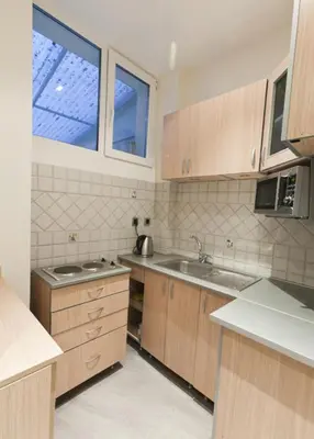 a kitchen with wooden cabinets and a sink and a window at Central Apartments in Belgrade