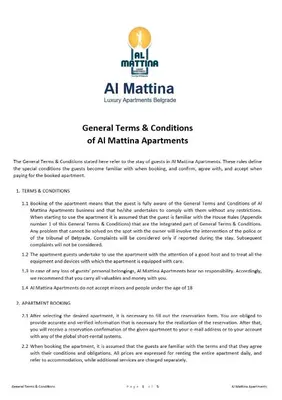 a page of a document with the almarine general terms and conditions of anmarine at Al Mattina Apartments Belgrade in Belgrade