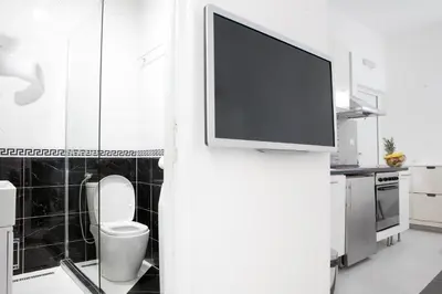 a tv on a wall in a kitchen with a toilet at Natalie's Studio in Belgrade