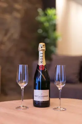 a bottle of wine and two wine glasses on a table at Empire Luxury Apartments in Belgrade