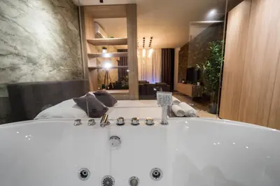 a bathroom with a bath tub in a room at Empire Luxury Apartments in Belgrade
