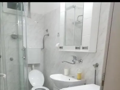 a bathroom with a toilet and a sink and a mirror at Apartment Teodora in Belgrade