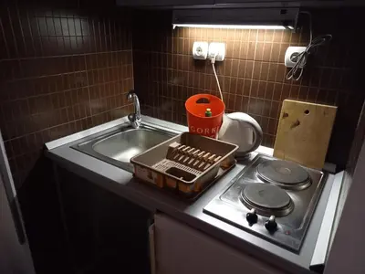 a kitchen counter with a stove and a sink at Green point Apartments in Dušanovac (historical)