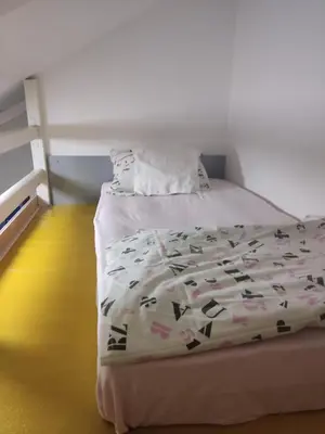 a bed with a white comforter with hearts on it at Green point Apartments in Dušanovac (historical)