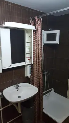 a bathroom with a sink and a microwave and a shower at Green point Apartments in Dušanovac (historical)