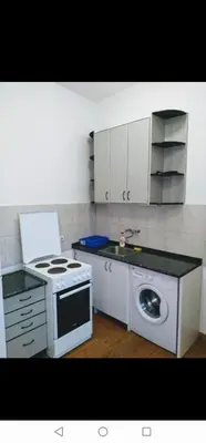 a kitchen with a stove and a washing machine at Belvedere city center apartment in Belgrade