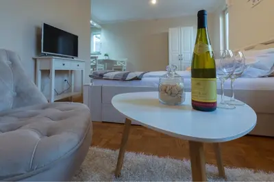 a bottle of wine on a table in a living room at Atelje Knez Mihailova in Belgrade