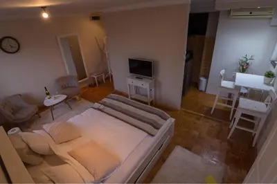 a living room with a bed and a table and a television at Atelje Knez Mihailova in Belgrade