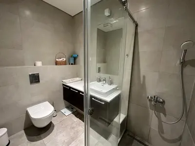 a bathroom with a shower and a toilet and a sink at Queen Apartments Belgrade Waterfront in Belgrade