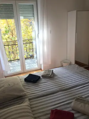 a bedroom with a bed and two windows at Cricket Park Hostel in Belgrade