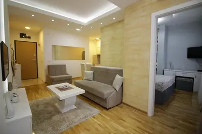 a living room with a couch and a table at Luna Lux Apartman in Belgrade