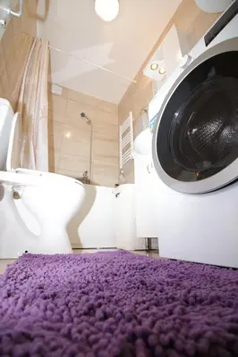 a washing machine in a bathroom with a purple rug at Luna Lux Apartman in Belgrade