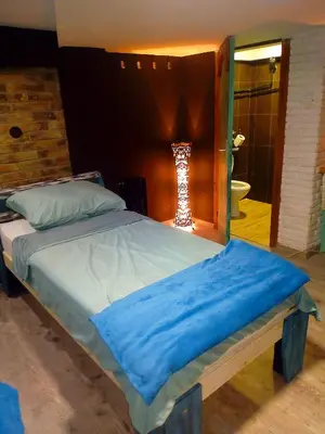 a bedroom with a large bed and a bathroom at NapPARK Hostel in Belgrade