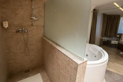 a bathroom with a shower and a tub and a toilet at Belgrade Center Luxury Apartments in Belgrade