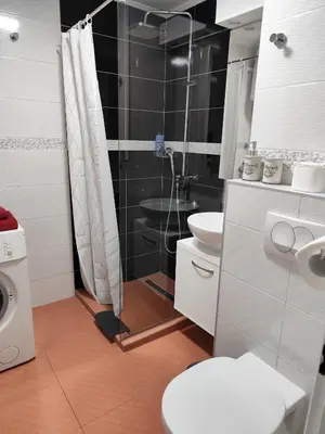a bathroom with a shower and a toilet and a sink at FIVE in Belgrade