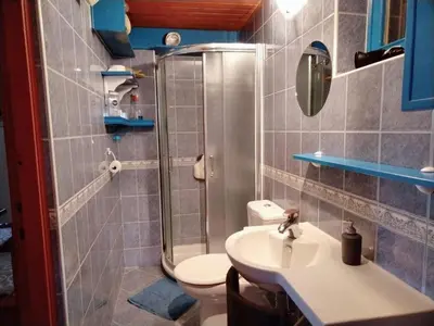 a bathroom with a toilet and a sink and a shower at Dunavski konaci in Brestovik