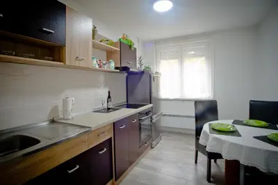 a kitchen with a sink and a table with a dining room at Park Apartman in Arandjelovac